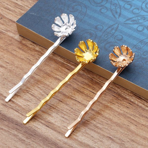 

sea mew 10 pcs 13.5*8.5mm metal alloy flower hair pins gold silver hair clip for women ,fit 10mm 12mm beads, Blue;slivery