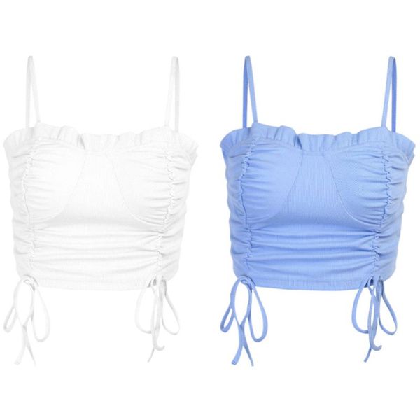 

женщины спагетти ремня оборки crop top плиссированной кулиска ребристого sexy camis vest 6xda, White