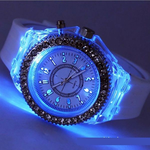 

led backlight relogio masculino flash luminous crystal quartz trend waterproof wrist watch 5 color light wristwatch watches, Slivery;brown