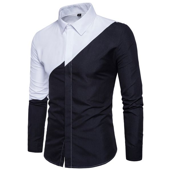 

mens black white patchwork dress shirts 2020 brand new slim fit long sleeve chemise homme formal business casual shirt for men, White;black