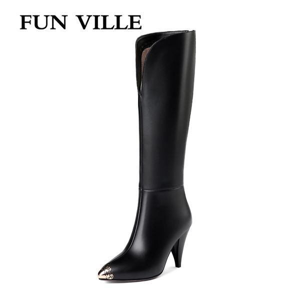 

fun ville 2018 new women knee high boots genuine leather winter high heel boots warm pointed toe spike heel big size 34-45, Black