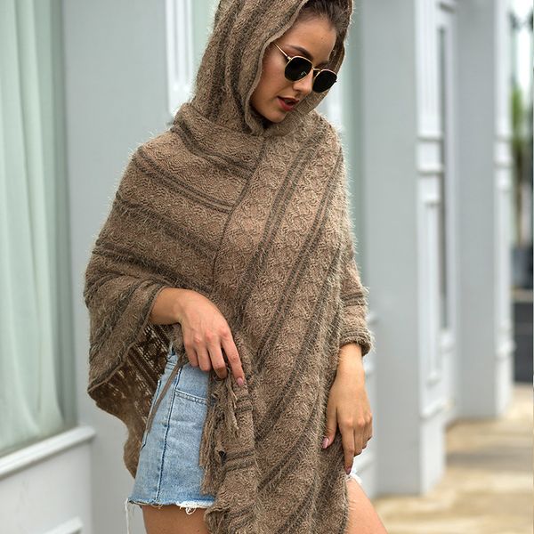 

autumn winter 2019 cloak shawl pullover knitted sweaters women fringed cloak shawl hooded striped lady sweaters women, Black