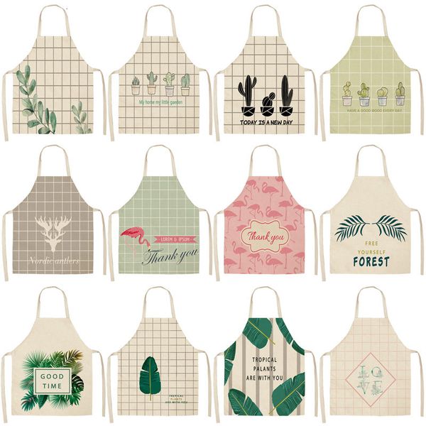 

simple grid plant printed kitchen apron 53*65cm for woman home cooking baking coffee cleaning accessory cotton linen bib wql0017