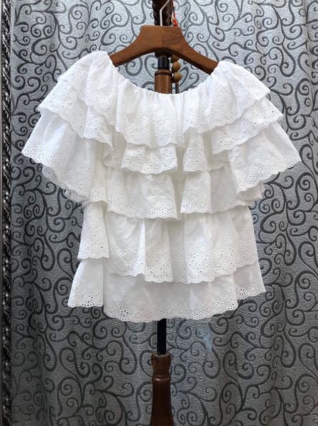 

2020 spring and summer new women's round neck solid color layered ruffle stitching decorative wild shirt 525, White