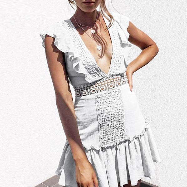 

summer dress 2019 fashion women's summer v-neck empire sleeveless ruffled open back solid mini dress vestidos de festa 38, Black;gray