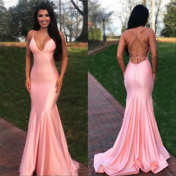 

blush pink spaghetti mermaid prom dresses elegant open back evening gowns long satin high bridesmaid formal party dress, Black