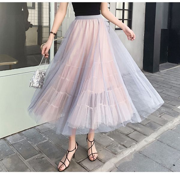 

spring summer high waist tulle skirts women 2020 new fashion long patchwork tutu skirt sun fluffy jupe longue femme, Black