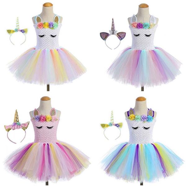 Unicorn rainbow Girls Dresses kids designer clothes Girls Tutu Dresses birthday Party Dress Headbands Princess Dress kids clothes A2444
