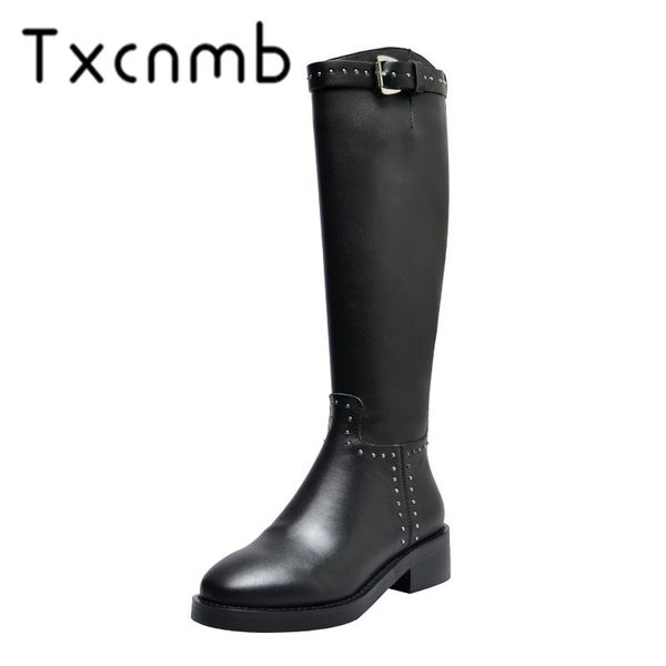 

txcnmb new boots women zipper motorcycle boots shoes woman 4.5cm thick heels knee high genuine leather ladies black