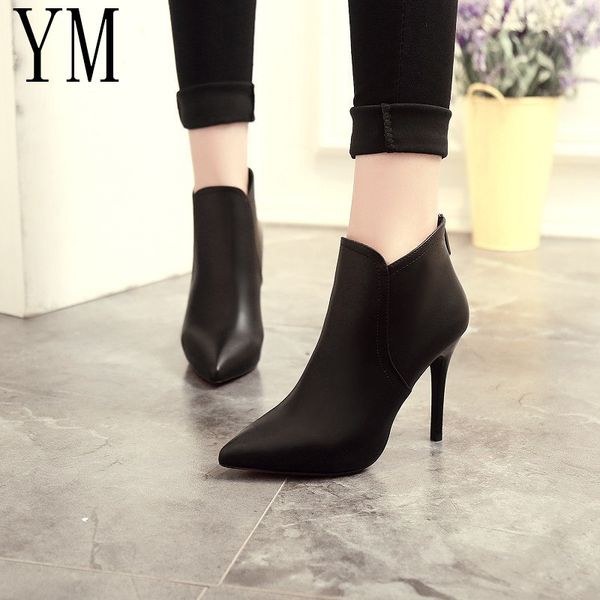 

мода лакированной кожи pu острым носом высокого женщина zipper лодыжки обувь тонкий каблук женщины сапоги 35-39 mx200508, Black