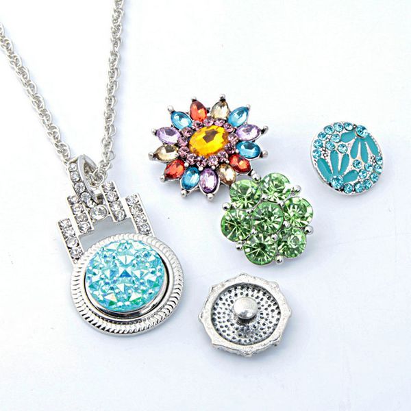 

fashion interchangeable metal flower round ginger crystal necklace 203 fit 18mm snap button pendant necklace charm jewelry for women gift, Silver