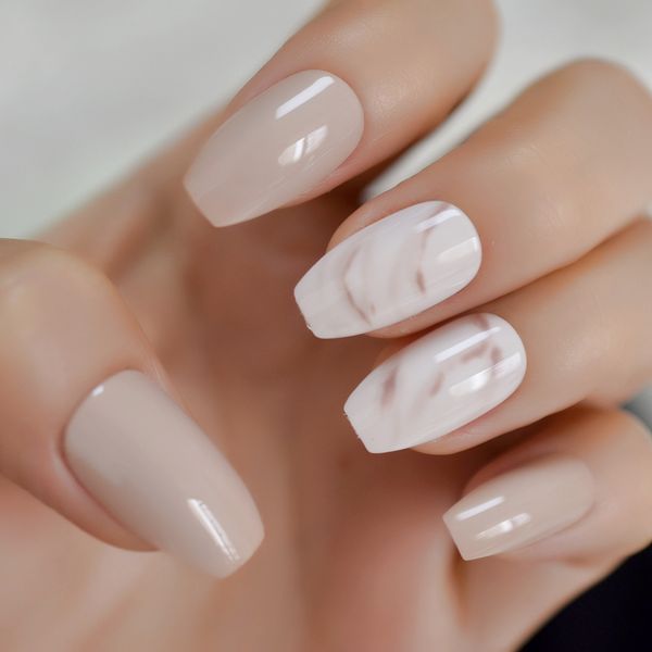 

nude ballerina fake nails marble white natural tips medium size coffin shape false ballet fingernails, Red;gold