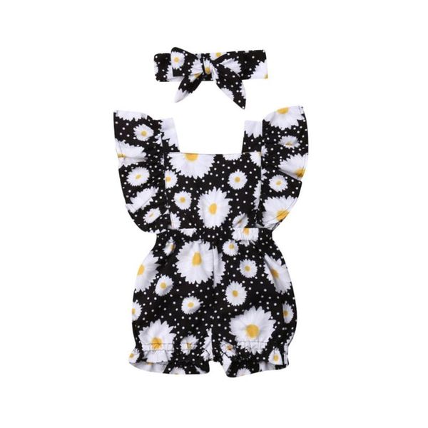 

2pcs newborn baby girl clothes sleeve ruffle flower romper jumpsuit+headband outfits set toddler baby clothing summer, White