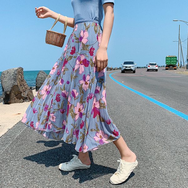 

ewq] 2020 summer new high waist women party skirt vintage korea casaul all-match floral pleated skirts purple faldas qv66214, Black