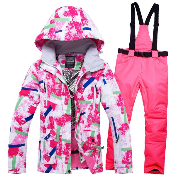 

colorful women's snow suit set 10k waterproof windproof winter outdoor wear snowboarding outfit ski jackets + bibs snow pants