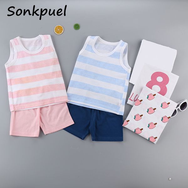 

summer kids boys girls clothes set pure cotton vest sleeveless +shorts sets children boy waistcoats 2pcs cartoon vests suits, White