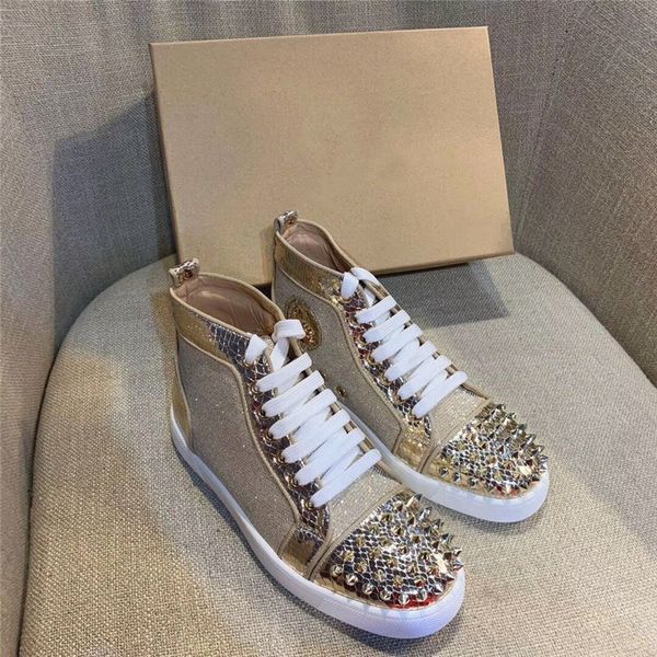 

brand rivet design men women cow leather high skateboarding shoe rhinestone fashion sneakers sport trainer casual red bottom,35-44 lll, Black