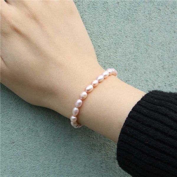 

rose golden freshwater potato pearls bangles beaded simple for men women 7-8mm natural baroque pink pearl elastic bracelet gift, Black