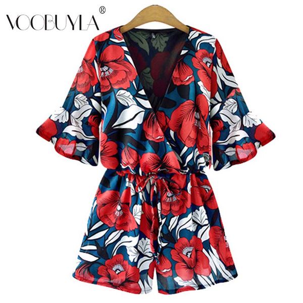

voobuyla size plus s-5xl jumpsuit for women 2018 summer deep v neck loose playsuit floral print chiffon rompers overall mej, Black;white