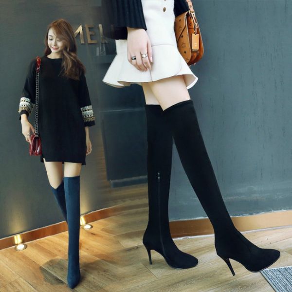 

women's winter high boots pointe shoes zipper over-the-knee pointy high heel rubber over-the-knee pu basic pointed toe solid, Black