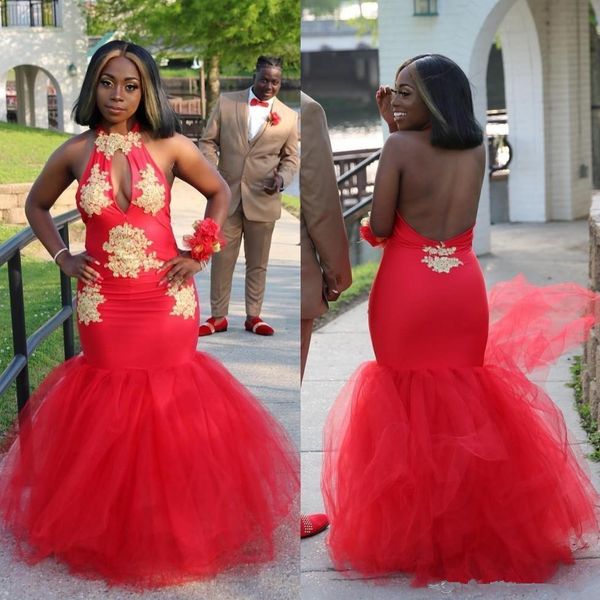 

south african gold lace prom evening dresses plus size mermaid halter sequins tulle satin bead prom formal gowns, Black