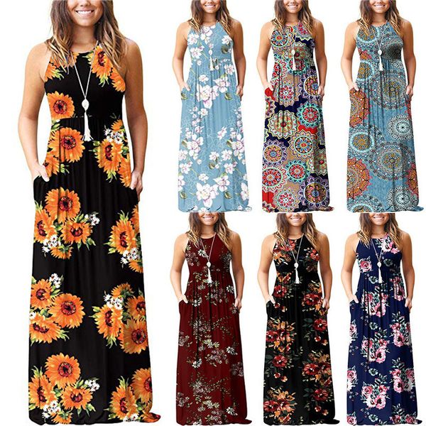 

2019 round collar sleeveless vest printed dress waist long skirt, Black;gray