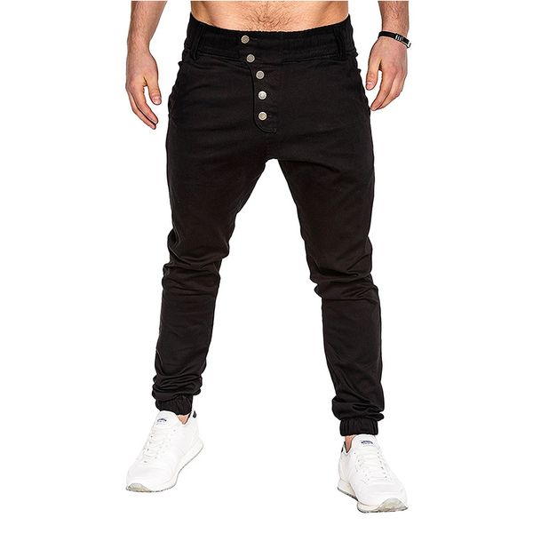 

solid button harem pants men spring autumn joggers sportwear casual long pants male slim trousers fashion clothing, Black