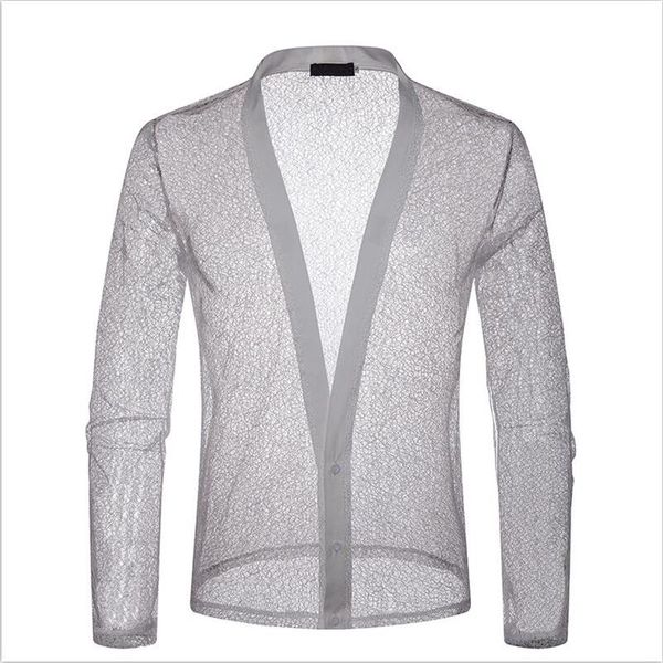 

hollow mesh deep v neck homme lace shirt large size hip hop solid color streetwear long sleeve fashion men shirts, White;black