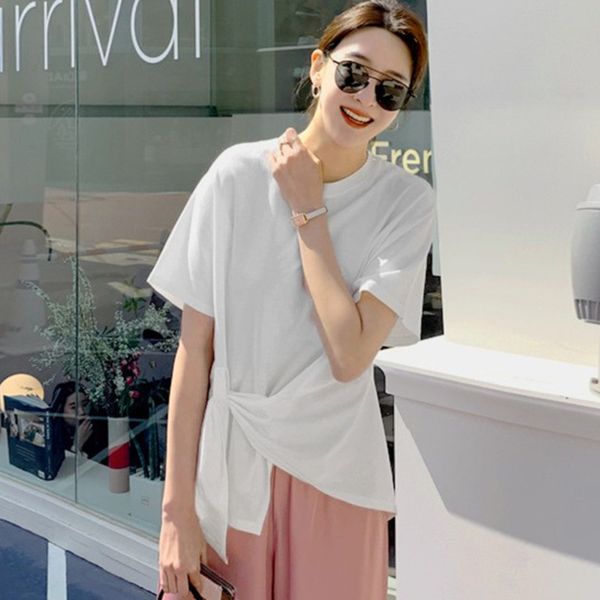 

lanmrem summer short-sleeved t-shirt female 2020 korean trendy new crosse fold hem irregular knotted tee black white yj193