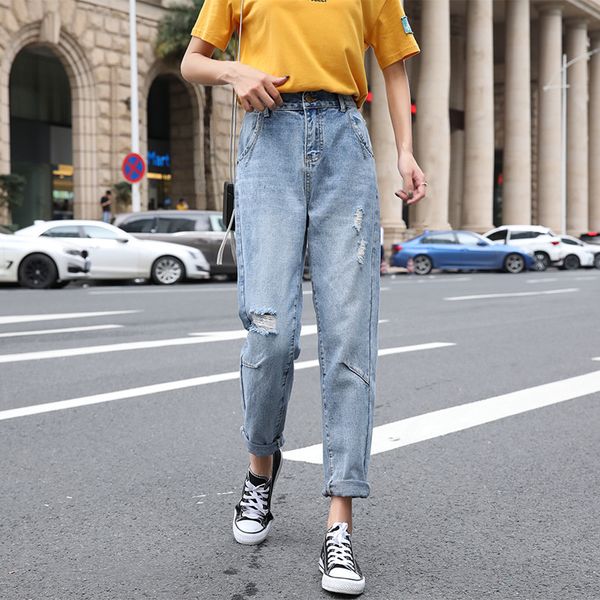 

2019 new summer and autumn women casual high waist jeans loose wide leg pants slim ripped hole nine point harem pants d237, Blue