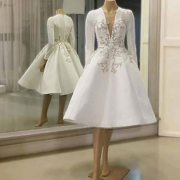 

2020 vintage satin appliques lace short wedding dresses applique with long sleeves knee length bridal gowns v-neck vestidos de novia, White