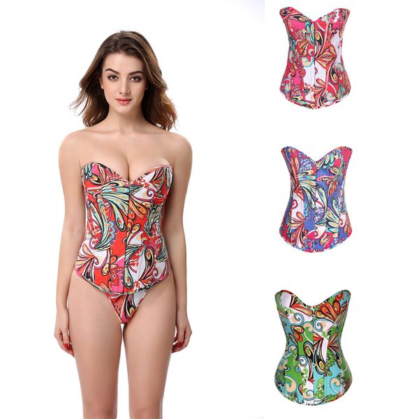 

2020 new colorful retro spandex slimming women body shapers underwear lingerie floral printed bustiers and corsets red blue green 846, Black;white
