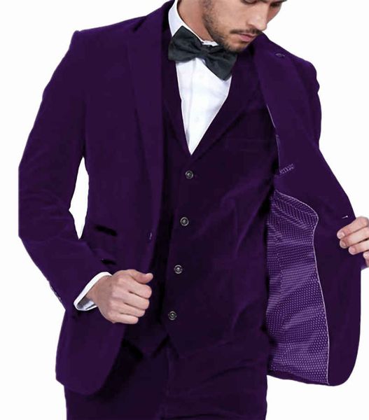 2020 elegante de veludo roxo Slim Fit Homens Suit 3 Pieces Best Man Groom Groomsman do smoking Prom ternos de casamento para os homens (Jacket + Calças + Vest + arco)