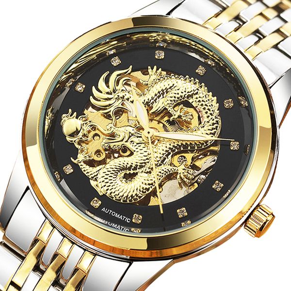 

luxury gold dragon skeleton automatic mechanical watches men's wristwatch stainless steel black clock luminous hands male reloj, Slivery;brown