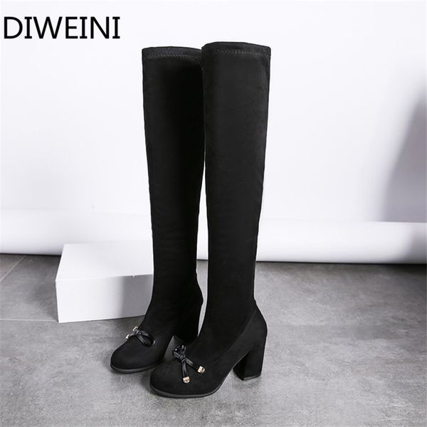 

women's over-knee boots lace up elastic boots fashion warm autumn and winter new round toe block heel, Black