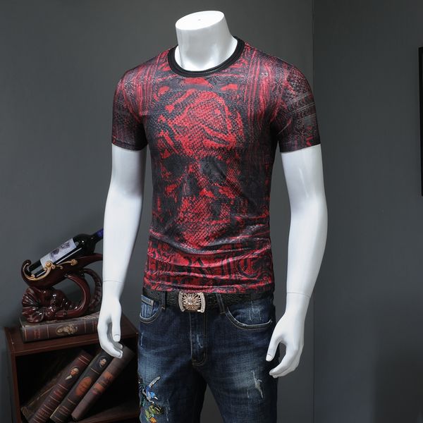 

2019 men's taro short sleeve t-shirt summer korean slim shirt casual fashion red devil print half sleeve men's tide, White;black