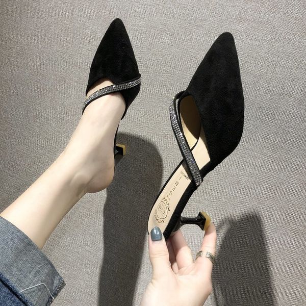 

sandals and slippers women wear 2019 new korean version of the bow high heel women's shoes muller shoes baotou half drag female, Black