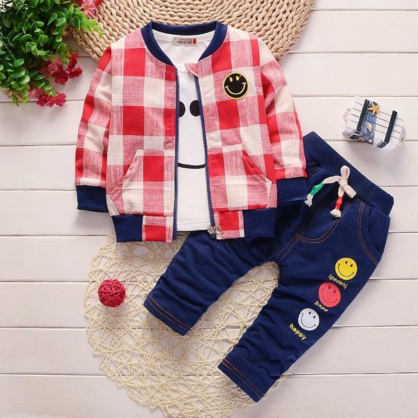 

children boy clothing set smile pattern t-shirt+pants+lattice outwear 3pcs, White