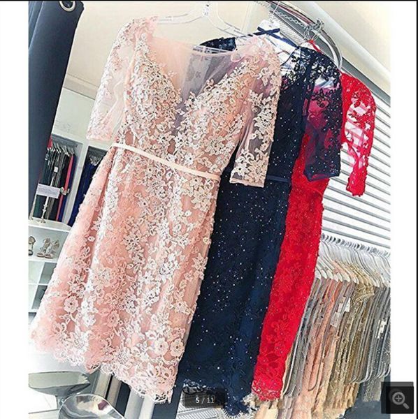 

new arrival short pink lace prom dresses half sleeve knee length backless prom gowns beaded sashes prom dress sale, Black