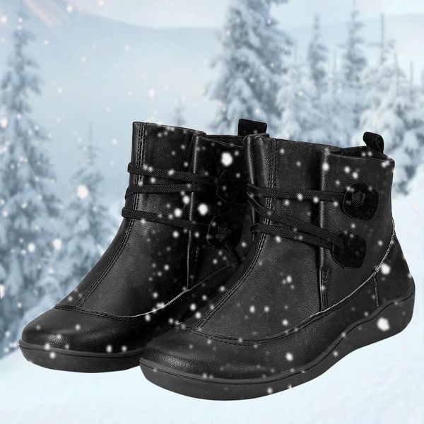 

women boots women leather boots flat waterproof shoes winter plus velvet ankle botas mujer ladies shoes winter warm, Black
