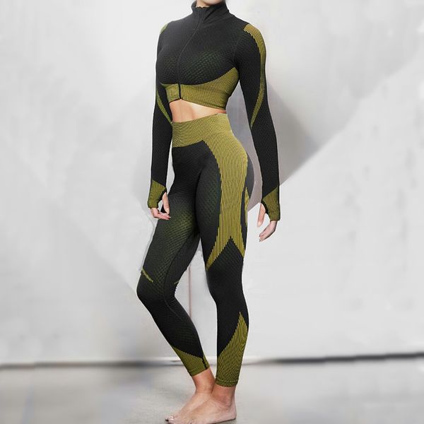 

осень бесшовные женщины йога набор 2pcs спортивные костюмы gym леггинсы с длинным рукавом crop top куртки фитнес одежда спортивная tracksuit