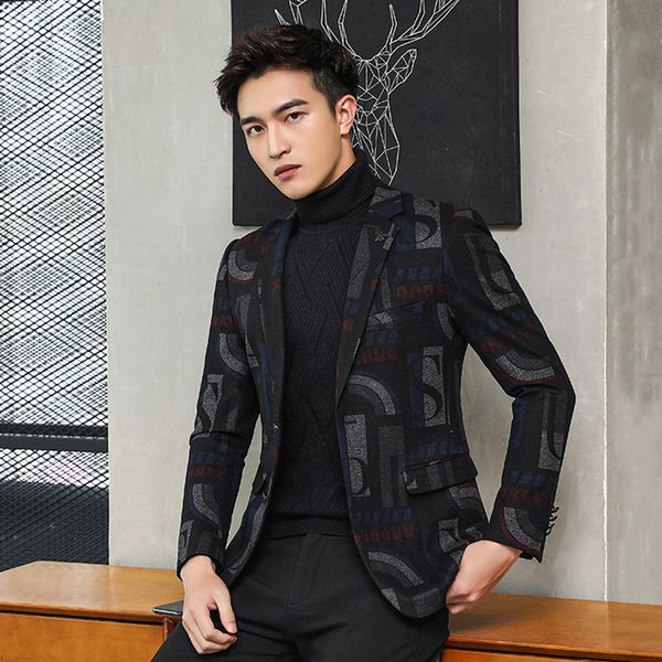 

new woolen mens blazer luxury printed single breaste add thick party prom blazers men plus size 4xl slim fit winter male blazer, White;black