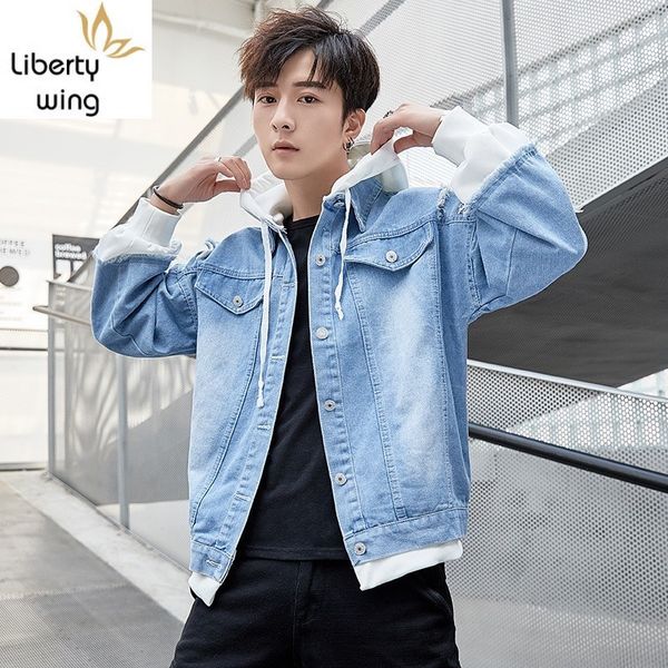 

casual fake two pieces mens loose hooded denim jackets autumn new single breasted patch designs hole ripped male plus size coats, Black;brown