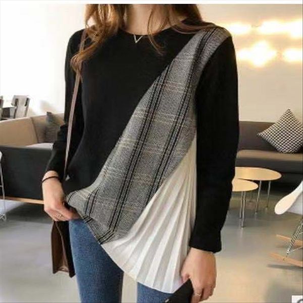 

autumn clothes irregular latticework stitching clothing round collar t-shirt women's midi chic hong kong style long sleeve base shirt, White