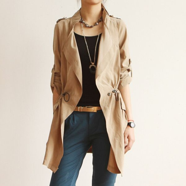 

spring trench coat 2017 women casual single breasted slim coat plus size turn-down collar solid trench adjustable waist outwear, Tan;black