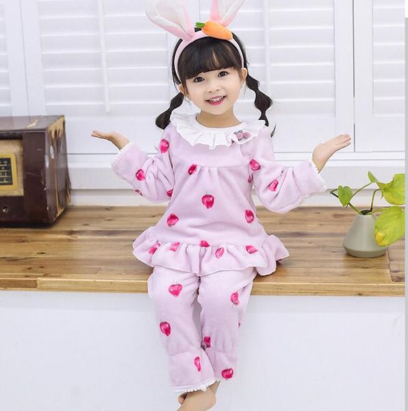 

winter children pajamas thicken warm flannel sleepwear girls loungewear lotus leaf coral fleece kids pijamas long and pant, Blue;red
