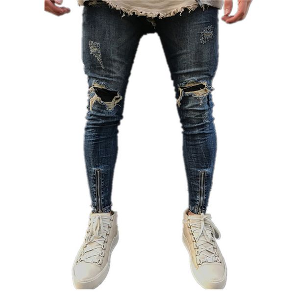 

new men's fashion washed skinny frayed hi-street denim jeans men's ripped hole zipper slim fit biker jeans plus size, Blue