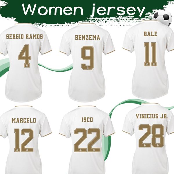 

women #7 hazard real madrid soccer jersey 2019 2020 female football shirt #11 bale #28 vinicius jr #16 james woman sports uniforms, Black;yellow