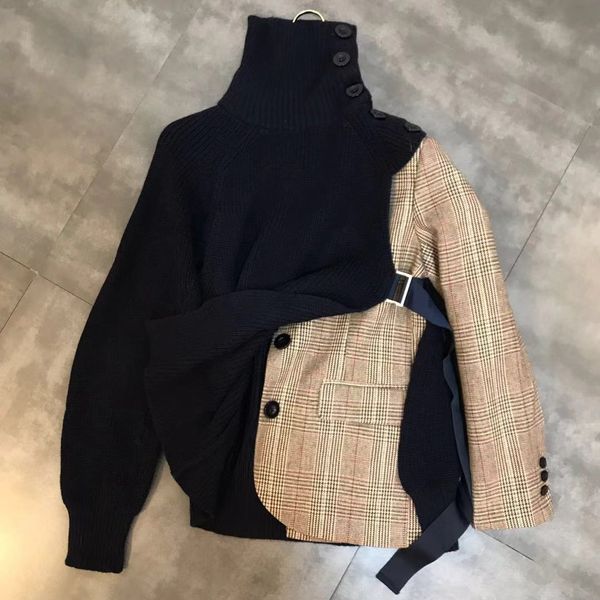 

2019 winter new high collar long sleeve knitted splicing plaid false two-piece knitwear women turtleneck pullover women sweater, White;black