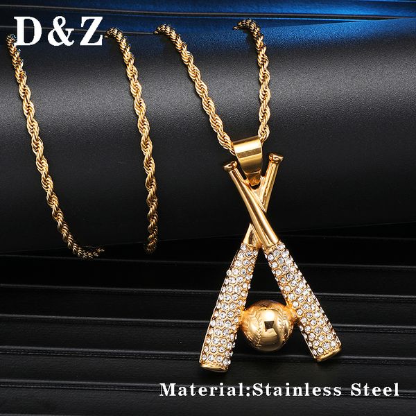 

d&z personality stainless steel baseball bat necklace men iced out bling crystal jewelry for male hip hop pendant, Silver